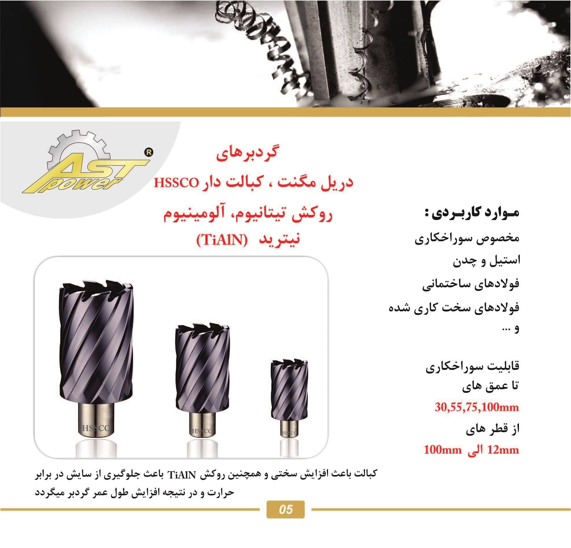 کاتالوگ گردبر دریل مگنت کبالت دار HSSCO روکش تیتانیوم ، آلومینیوم نیترید TIALN AST POWER